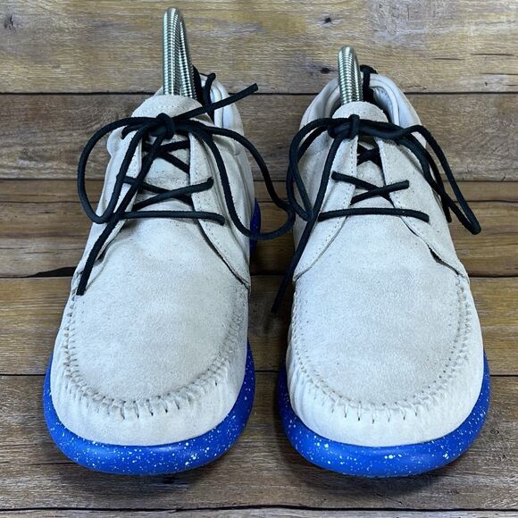 WB Moccasin Size Mens 6 Womens7 Taupe Royal Blue Hemera Fringe 100%Leather Suede - Picture 4 of 16